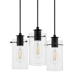 Regan 3-Light Matte Black Pendant Hanging Light with Clear Glass Shades, Industrial Kitchen Pendant Lighting by Hampton Bay