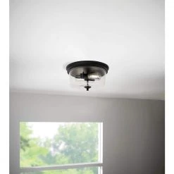 Manor 13 in. Matte Black Round Flush Mount, Industrial Ceiling Light with Clear Glass Shade by Hampton Bay -Hampton Bay Sales matte black hampton bay flush mount lights 1010hbmb 1f 1000