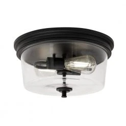 Manor 13 in. Matte Black Round Flush Mount, Industrial Ceiling Light with Clear Glass Shade by Hampton Bay