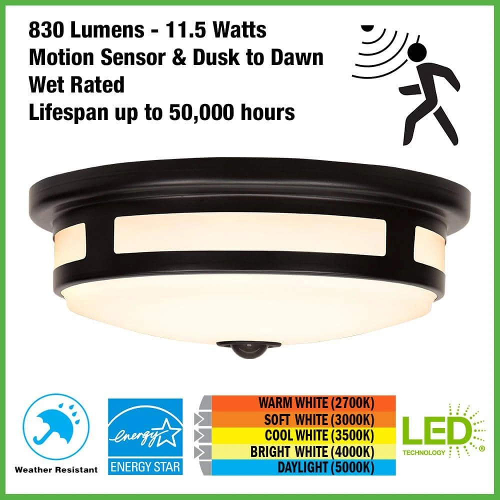 Greenhaven 11 in. 1-Light Black Motion Sensing LED Outdoor Flush Mount Light Color Selectable Ceiling Light 830 Lumens by Hampton Bay 2 Greenhaven 11 in. 1-Light Black Motion Sensing LED Outdoor Flush Mount Light Color Selectable Ceiling Light 830 Lumens by Hampton Bay - Image 2