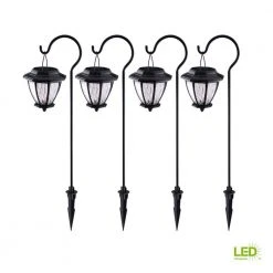 Solar Matte Black Outdoor Integrated LED Shepard Hook Landscape Path Light with Hammered Glass Lens (4-Pack) by Hampton Bay