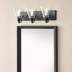 Manor 24 in. 3-Light Matte Black Industrial Bathroom Vanity Light with Clear Glass Shades by Hampton Bay -Hampton Bay Sales matte black hampton bay vanity lighting 1012hbmbdi 40 1000