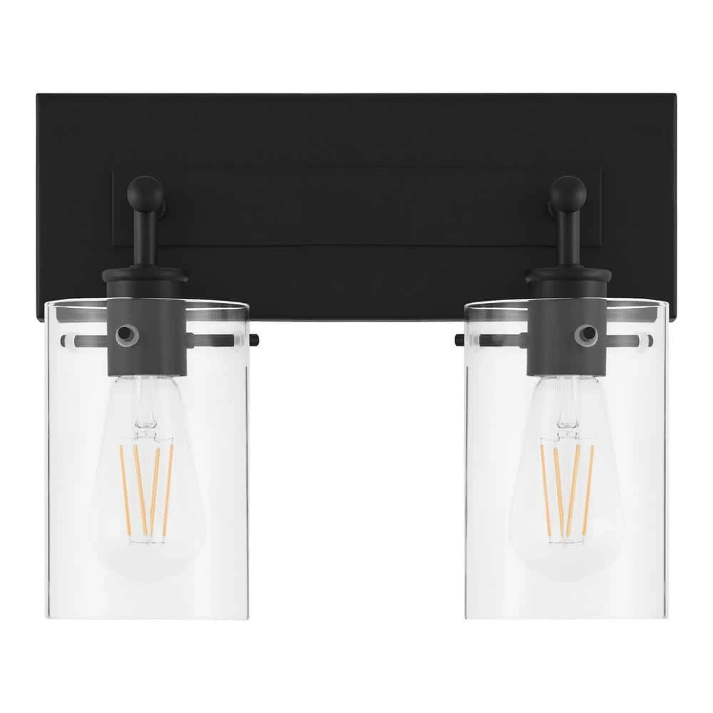 Regan 12.75 in. 2-Light Matte Black Bathroom Vanity Light with Clear Glass Shades by Hampton Bay 1 Regan 12.75 in. 2-Light Matte Black Bathroom Vanity Light with Clear Glass Shades by Hampton Bay