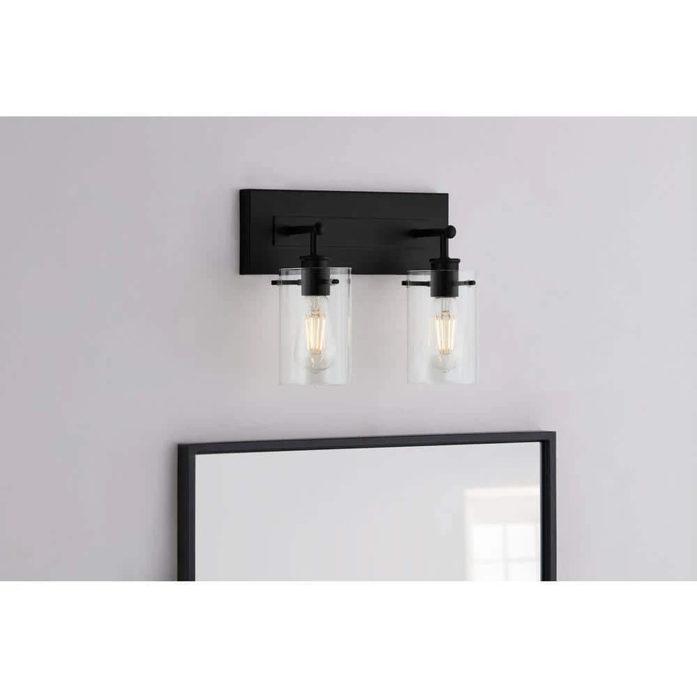 Regan 12.75 in. 2-Light Matte Black Bathroom Vanity Light with Clear Glass Shades by Hampton Bay 2 Regan 12.75 in. 2-Light Matte Black Bathroom Vanity Light with Clear Glass Shades by Hampton Bay - Image 2