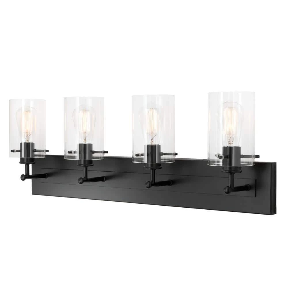Regan 29.25 in. 4-Light Matte Black Bathroom Vanity Light with Clear Glass Shades by Hampton Bay 8 Regan 29.25 in. 4-Light Matte Black Bathroom Vanity Light with Clear Glass Shades by Hampton Bay - Image 8