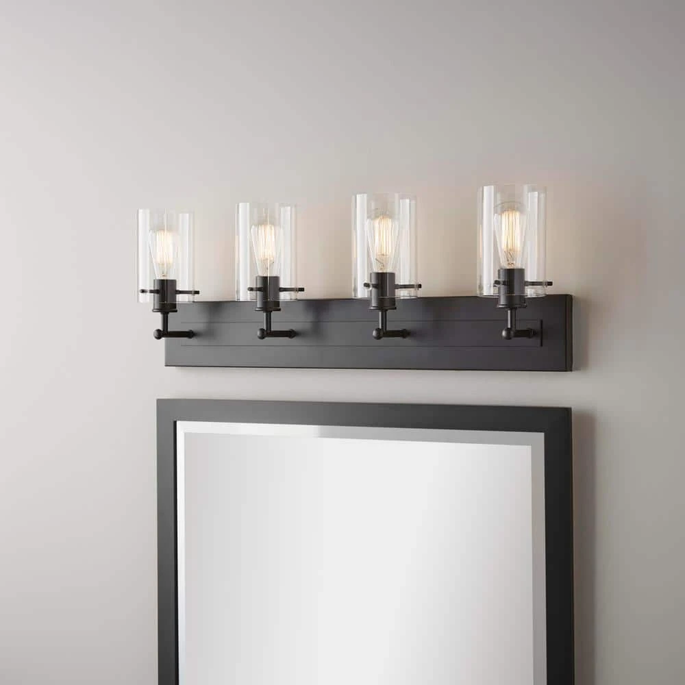 Regan 29.25 in. 4-Light Matte Black Bathroom Vanity Light with Clear Glass Shades by Hampton Bay 7 Regan 29.25 in. 4-Light Matte Black Bathroom Vanity Light with Clear Glass Shades by Hampton Bay - Image 7