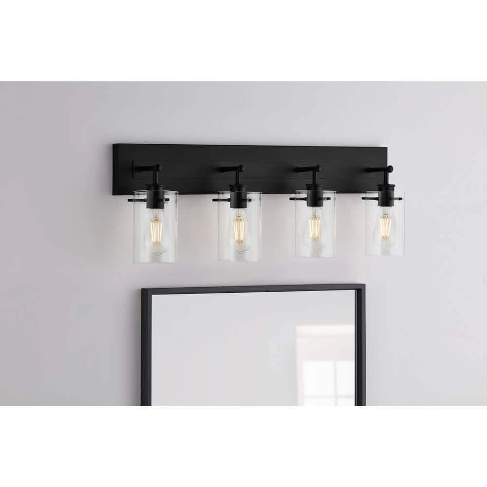 Regan 29.25 in. 4-Light Matte Black Bathroom Vanity Light with Clear Glass Shades by Hampton Bay 2 Regan 29.25 in. 4-Light Matte Black Bathroom Vanity Light with Clear Glass Shades by Hampton Bay - Image 2