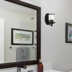 Truitt 5 in. 1-Light Matte Black Transitional Wall Mount Sconce Light with Frosted and Clear Edge Glass Shade by Hampton Bay -Hampton Bay Sales matte black hampton bay vanity lighting hb2594 43 40 1000