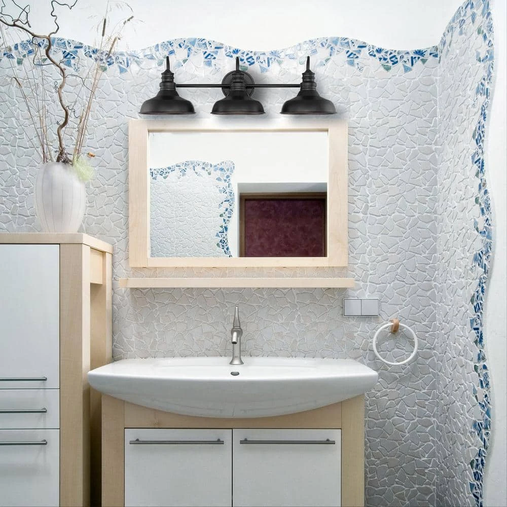 Elmcroft 29 in. 3-Light Matte Black Modern Farmhouse Bathroom Vanity Light with Metal Shades by Hampton Bay 10 Elmcroft 29 in. 3-Light Matte Black Modern Farmhouse Bathroom Vanity Light with Metal Shades by Hampton Bay - Image 10