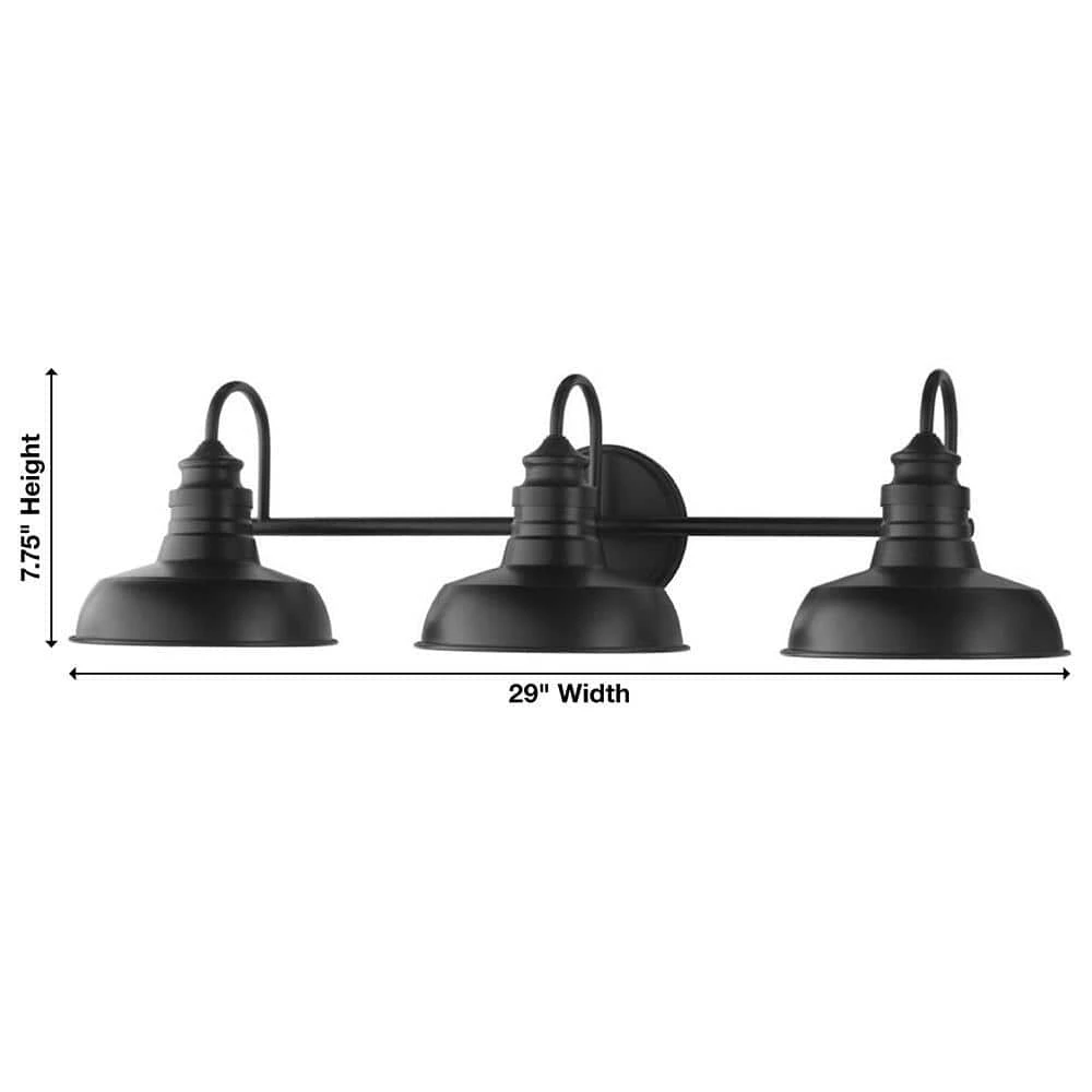 Elmcroft 29 in. 3-Light Matte Black Modern Farmhouse Bathroom Vanity Light with Metal Shades by Hampton Bay 15 Elmcroft 29 in. 3-Light Matte Black Modern Farmhouse Bathroom Vanity Light with Metal Shades by Hampton Bay - Image 15