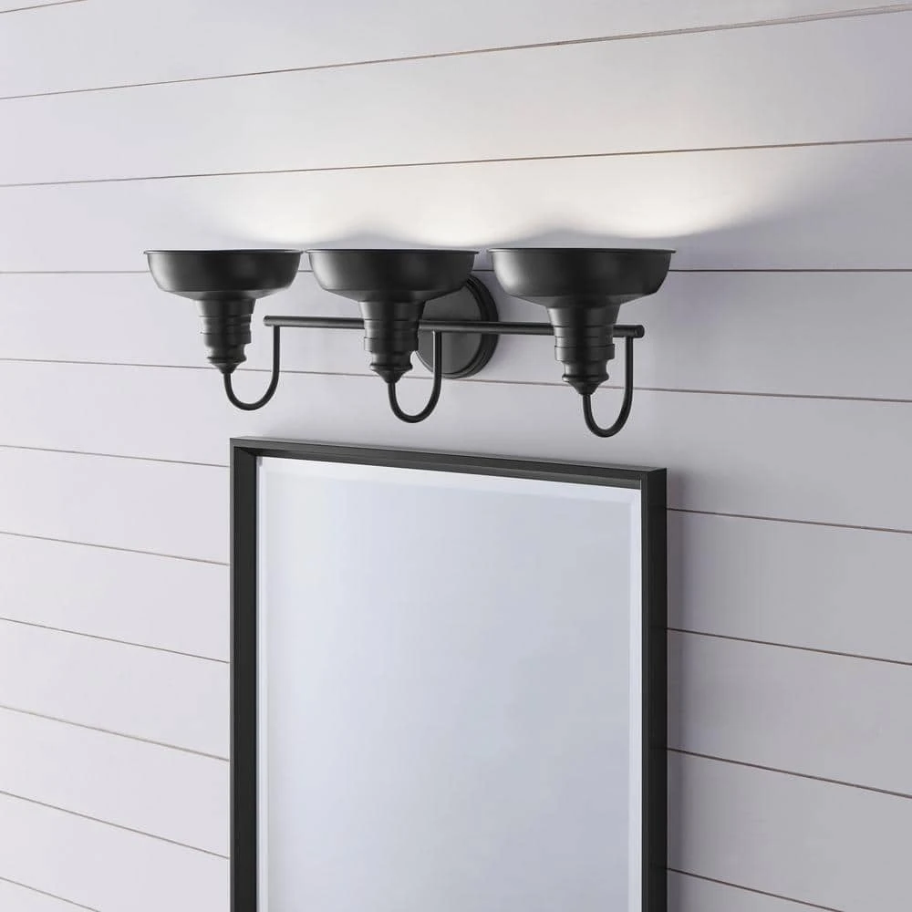 Elmcroft 29 in. 3-Light Matte Black Modern Farmhouse Bathroom Vanity Light with Metal Shades by Hampton Bay 8 Elmcroft 29 in. 3-Light Matte Black Modern Farmhouse Bathroom Vanity Light with Metal Shades by Hampton Bay - Image 8