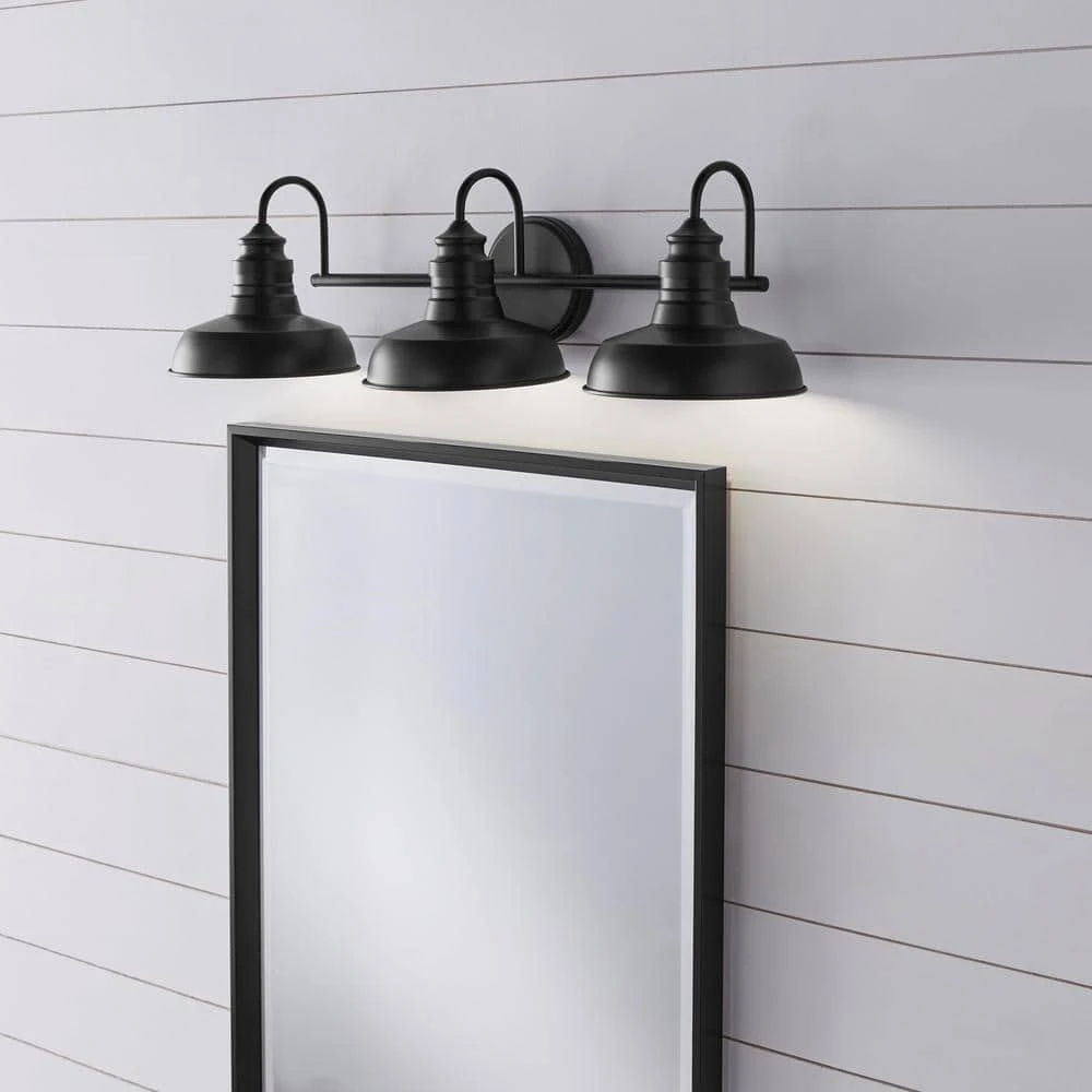 Elmcroft 29 in. 3-Light Matte Black Modern Farmhouse Bathroom Vanity Light with Metal Shades by Hampton Bay 2 Elmcroft 29 in. 3-Light Matte Black Modern Farmhouse Bathroom Vanity Light with Metal Shades by Hampton Bay - Image 2