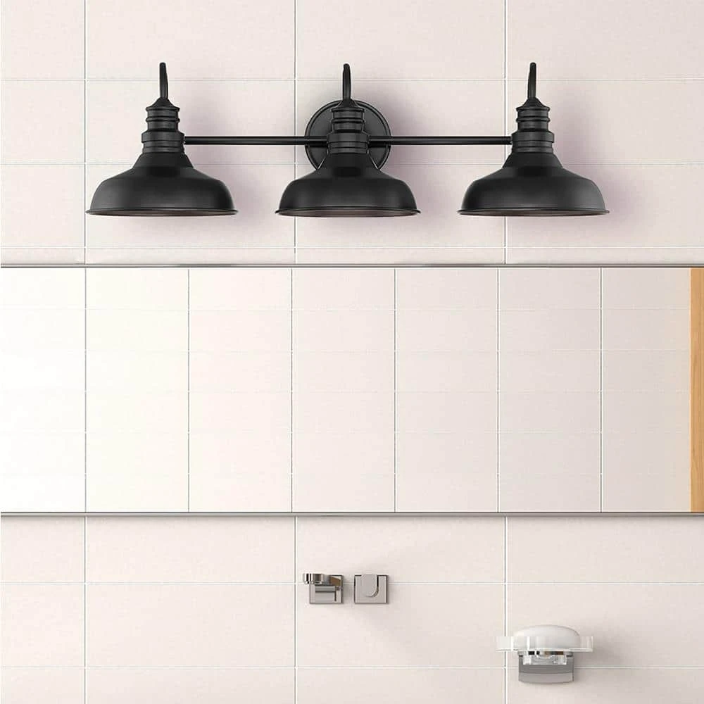Elmcroft 29 in. 3-Light Matte Black Modern Farmhouse Bathroom Vanity Light with Metal Shades by Hampton Bay 12 Elmcroft 29 in. 3-Light Matte Black Modern Farmhouse Bathroom Vanity Light with Metal Shades by Hampton Bay - Image 12