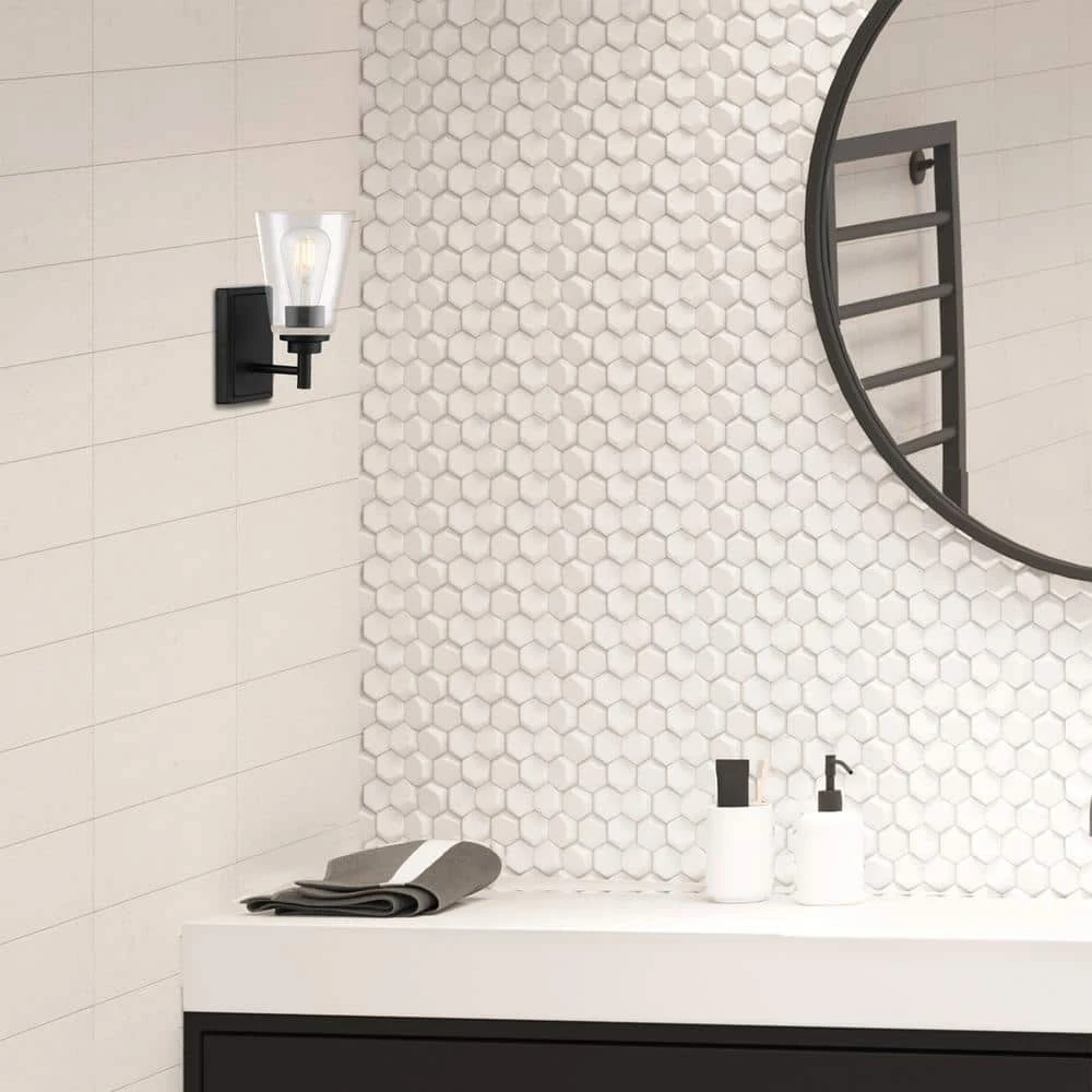 Wakefield 5.25 in. 1-Light Matte Black Modern Wall Mount Sconce Light with Clear Glass Shade by Hampton Bay 3 Wakefield 5.25 in. 1-Light Matte Black Modern Wall Mount Sconce Light with Clear Glass Shade by Hampton Bay - Image 3