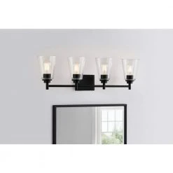 Wakefield 31 in. 4-Light Matte Black Modern Wall Mount Sconce Light with Clear Glass Shades by Hampton Bay -Hampton Bay Sales matte black hampton bay vanity lighting hb3682 43 e1 1000