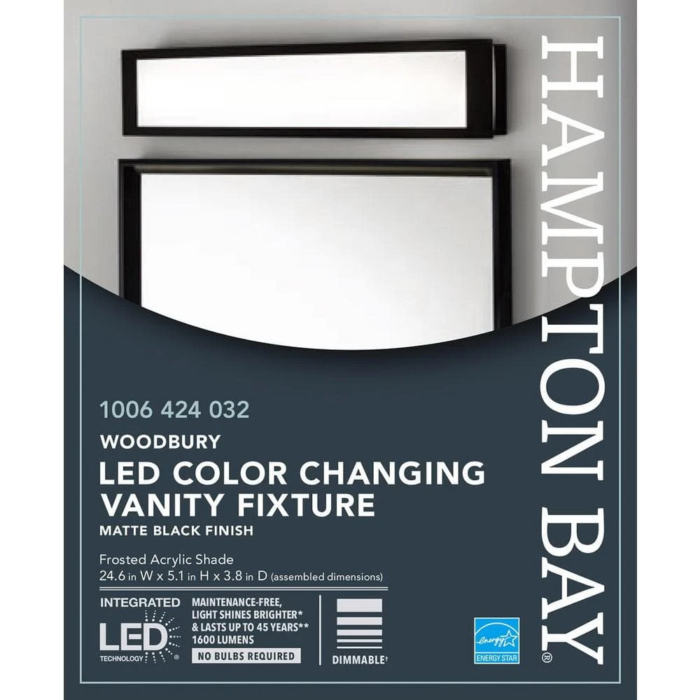 Woodbury 24.6 in. 1-Light Matte Black Integrated LED Bathroom Vanity Light Bar with Frosted Acrylic Shade by Hampton Bay 8 Woodbury 24.6 in. 1-Light Matte Black Integrated LED Bathroom Vanity Light Bar with Frosted Acrylic Shade by Hampton Bay - Image 8
