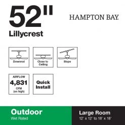 Lillycrest 52 in. Indoor/Outdoor Matte White Ceiling Fan with Downrod and Reversible Motor; Light Kit Adaptable by Hampton Bay -Hampton Bay Sales matte white hampton bay ceiling fans without lights 32718 40 1000