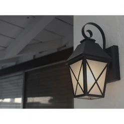 1-Light Midnight Black Integrated LED Outdoor Flicker Flame Effect Decorative Selectable Color Lantern Sconce Wall Light by Hampton Bay -Hampton Bay Sales midnight black hampton bay outdoor sconces lan15 3wy blk hd 1f 1000