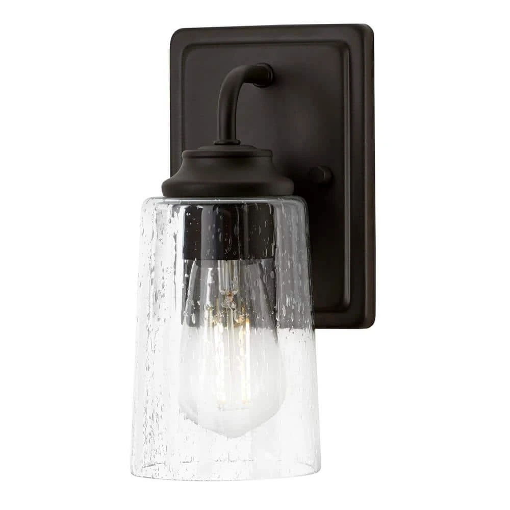 Evangeline 4.5 in. 1-Light Modern Bronze Indoor Wall Farmhouse Sconce with Clear Seeded Glass Shade by Hampton Bay 12 Evangeline 4.5 in. 1-Light Modern Bronze Indoor Wall Farmhouse Sconce with Clear Seeded Glass Shade by Hampton Bay - Image 12