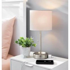 17 in. Brushed Nickel Table Lamp with Power Outlet by Hampton Bay -Hampton Bay Sales nickel hampton bay table lamps 22169 000 40 1000