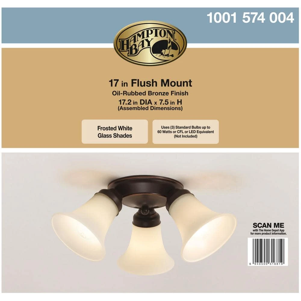 17.5 in. 3-Light Oil-Rubbed Bronze Flush Mount with Bell Shaped Frosted Glass Shades by Hampton Bay 6 17.5 in. 3-Light Oil-Rubbed Bronze Flush Mount with Bell Shaped Frosted Glass Shades by Hampton Bay - Image 6