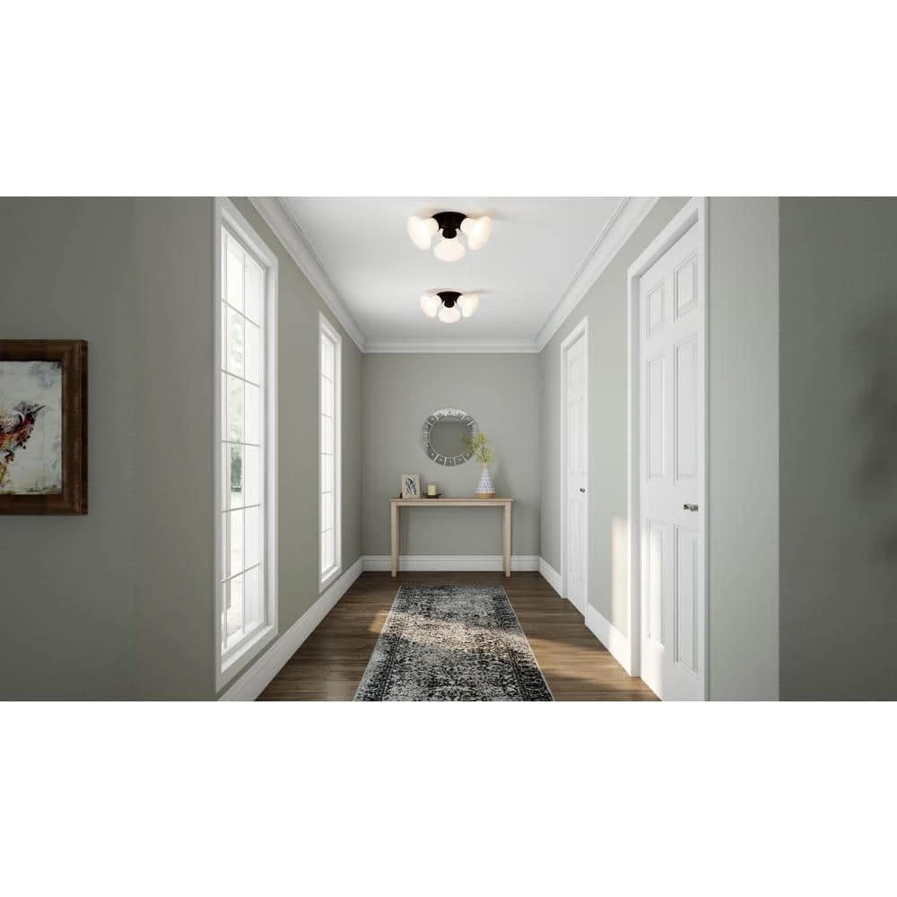 17.5 in. 3-Light Oil-Rubbed Bronze Flush Mount with Bell Shaped Frosted Glass Shades by Hampton Bay 2 17.5 in. 3-Light Oil-Rubbed Bronze Flush Mount with Bell Shaped Frosted Glass Shades by Hampton Bay - Image 2