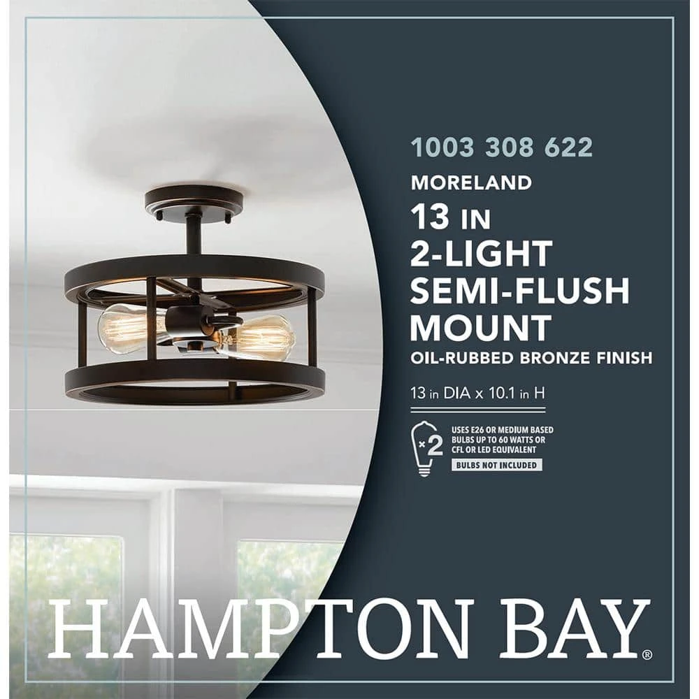 Moreland 13 in. 2-Light Oil-Rubbed Bronze Semi-Flush Mount by Hampton Bay 4 Moreland 13 in. 2-Light Oil-Rubbed Bronze Semi-Flush Mount by Hampton Bay - Image 4