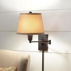 Ellsworth 1-Light Oil Rubbed Bronze Swing Arm Plug-In Wall Lamp with Fabric Shade by Hampton Bay -Hampton Bay Sales oil rubbed bronze hampton bay wall lamps hdp30115 40 1000