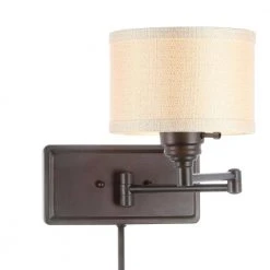 Brookhaven 1-Light Bronze Swing Arm Sconce with Fabric Shade and 6 ft. Cord by Hampton Bay