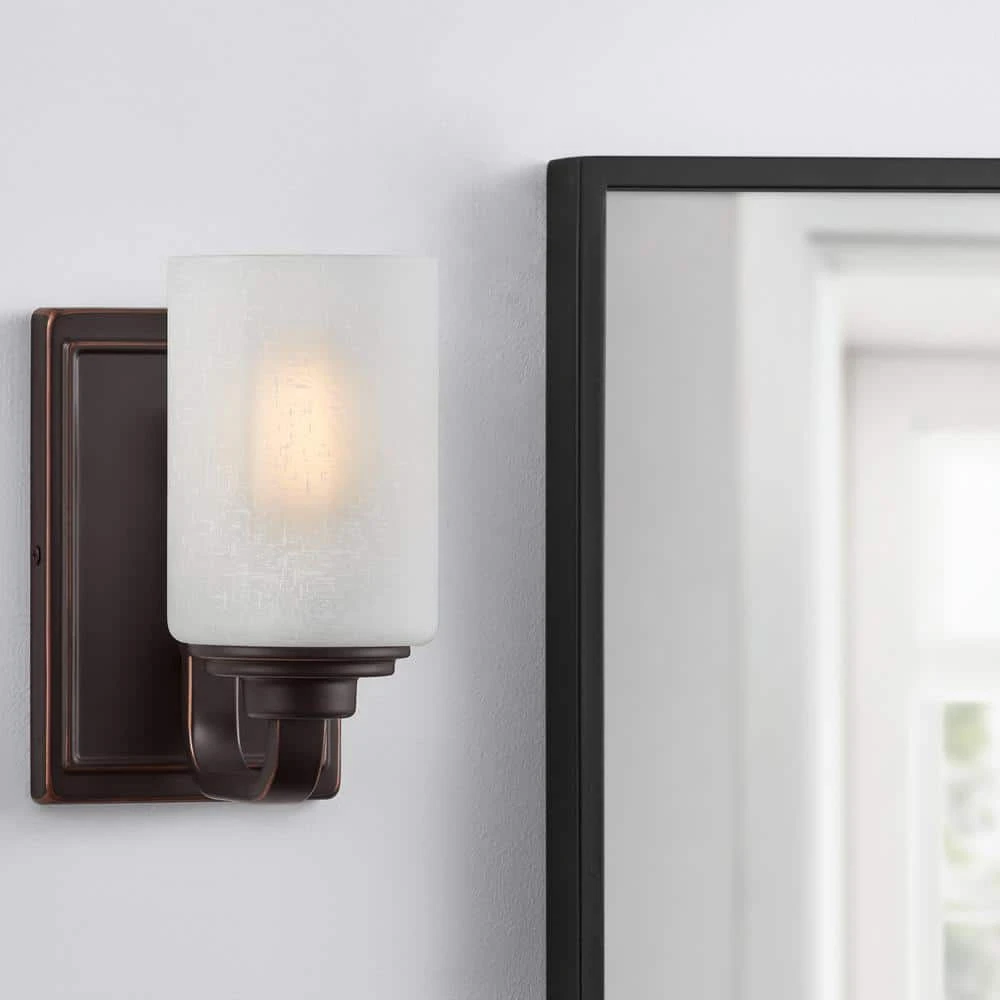 Hartford Lake 7.28 in. 1-Light Oil Rubbed Bronze Indoor Wall Sconce with Linen Glass Shade, Rustic Farmhouse Wall Light by Hampton Bay 2 Hartford Lake 7.28 in. 1-Light Oil Rubbed Bronze Indoor Wall Sconce with Linen Glass Shade, Rustic Farmhouse Wall Light by Hampton Bay - Image 2