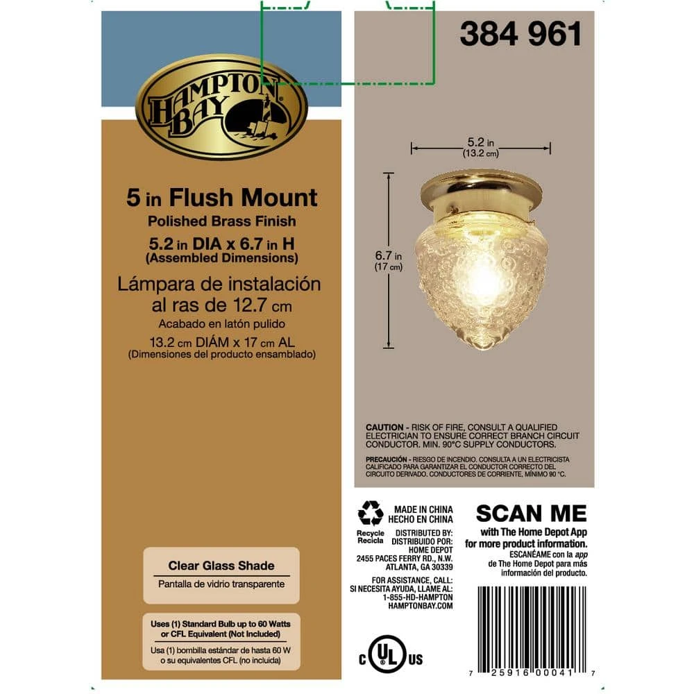 1-Light Polished Brass Flush Mount Light with Acorn Shaped Glass Shade by Hampton Bay 7 1-Light Polished Brass Flush Mount Light with Acorn Shaped Glass Shade by Hampton Bay - Image 7
