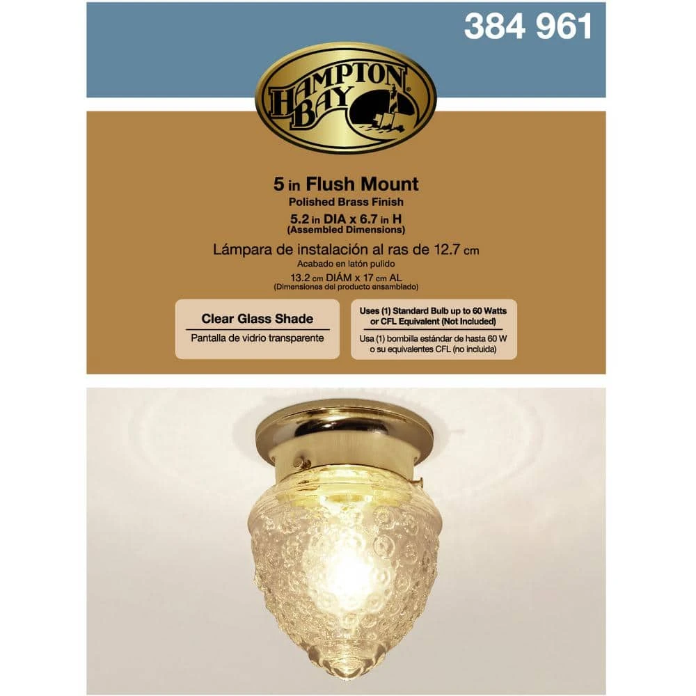 1-Light Polished Brass Flush Mount Light with Acorn Shaped Glass Shade by Hampton Bay 8 1-Light Polished Brass Flush Mount Light with Acorn Shaped Glass Shade by Hampton Bay - Image 8