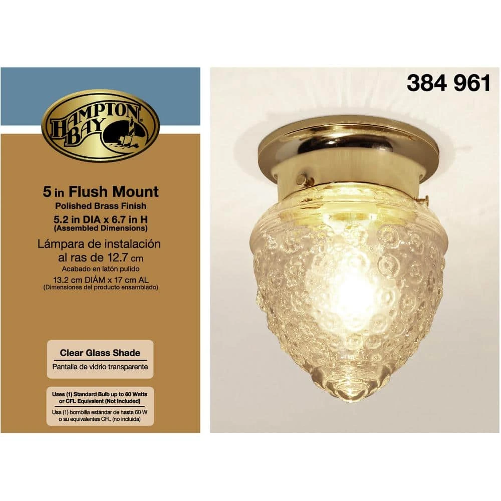 1-Light Polished Brass Flush Mount Light with Acorn Shaped Glass Shade by Hampton Bay 6 1-Light Polished Brass Flush Mount Light with Acorn Shaped Glass Shade by Hampton Bay - Image 6