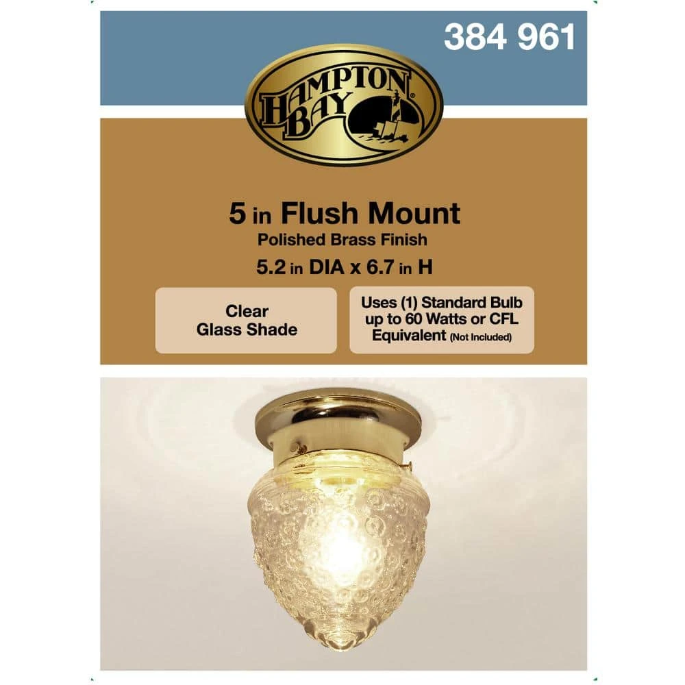 1-Light Polished Brass Flush Mount Light with Acorn Shaped Glass Shade by Hampton Bay 5 1-Light Polished Brass Flush Mount Light with Acorn Shaped Glass Shade by Hampton Bay - Image 5