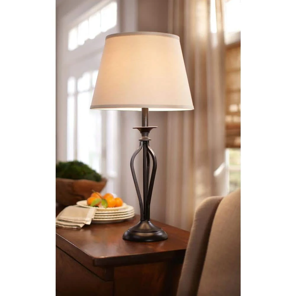 Rhodes 28 in. Bronze Table Lamp with Natural Linen Shade by Hampton Bay 3 Rhodes 28 in. Bronze Table Lamp with Natural Linen Shade by Hampton Bay - Image 3