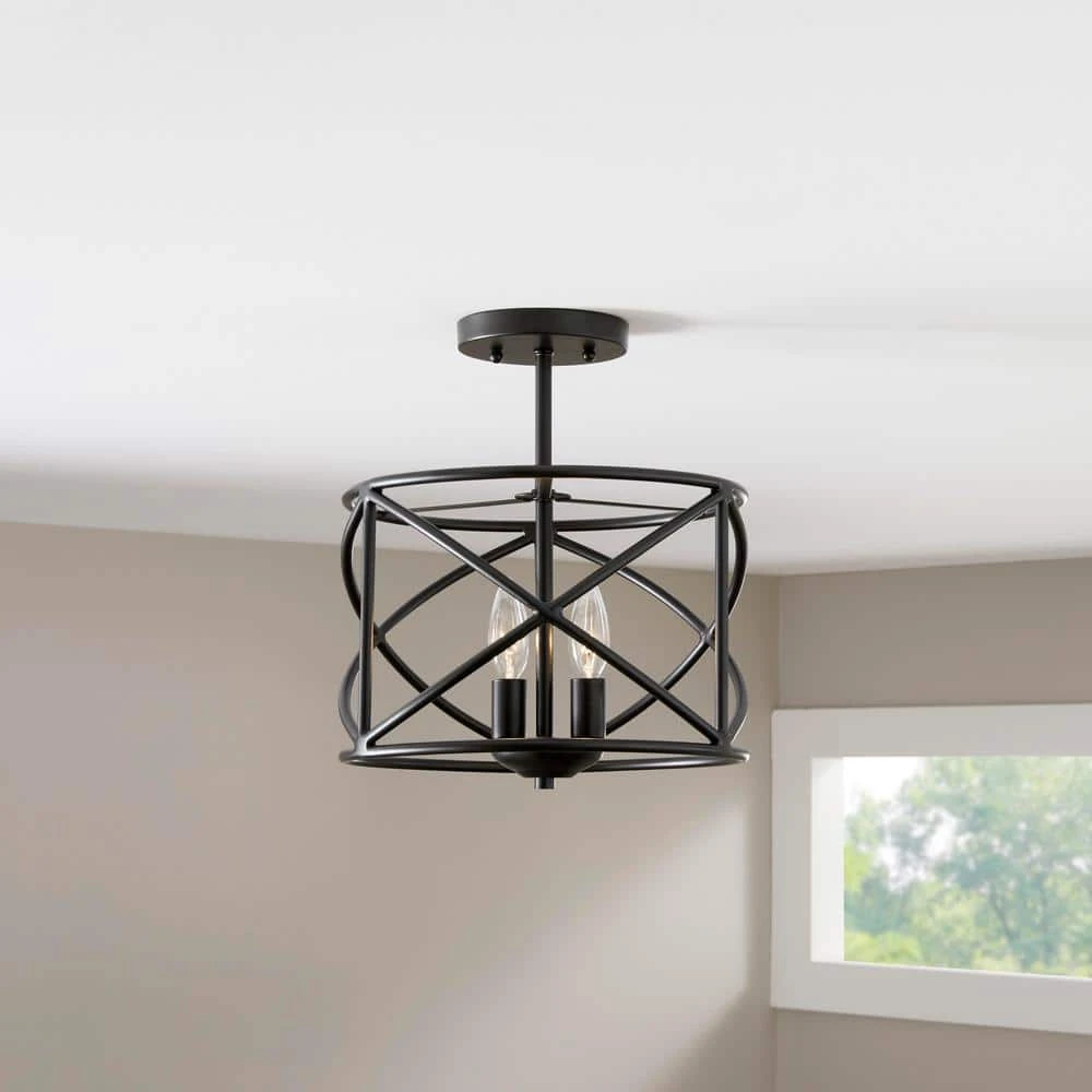 Hastings 13.5 in. 2-Light Satin Bronze Industrial Caged Drum Ceiling Semi Flush Mount Light by Hampton Bay 2 Hastings 13.5 in. 2-Light Satin Bronze Industrial Caged Drum Ceiling Semi Flush Mount Light by Hampton Bay - Image 2
