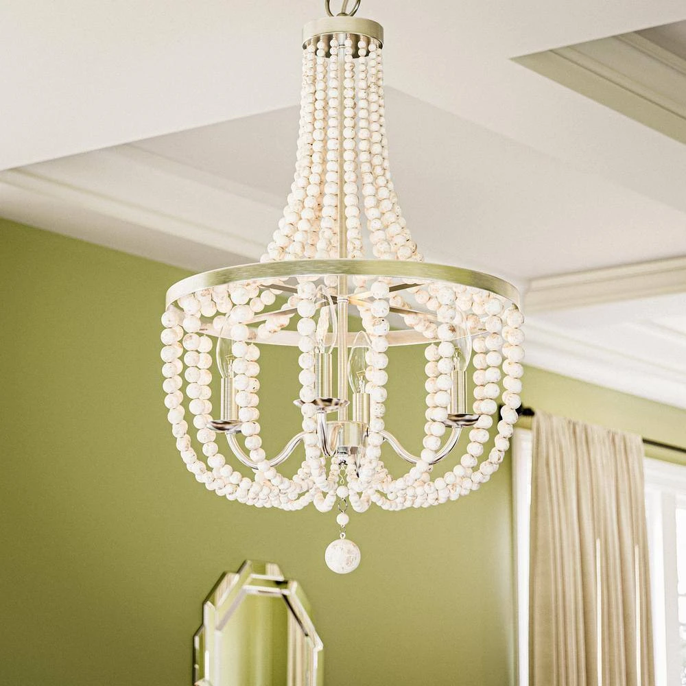 Adelaide 4-Light Weathered White Wood Bead with Brushed Nickel Chandelier by Hampton Bay 7 Adelaide 4-Light Weathered White Wood Bead with Brushed Nickel Chandelier by Hampton Bay - Image 7