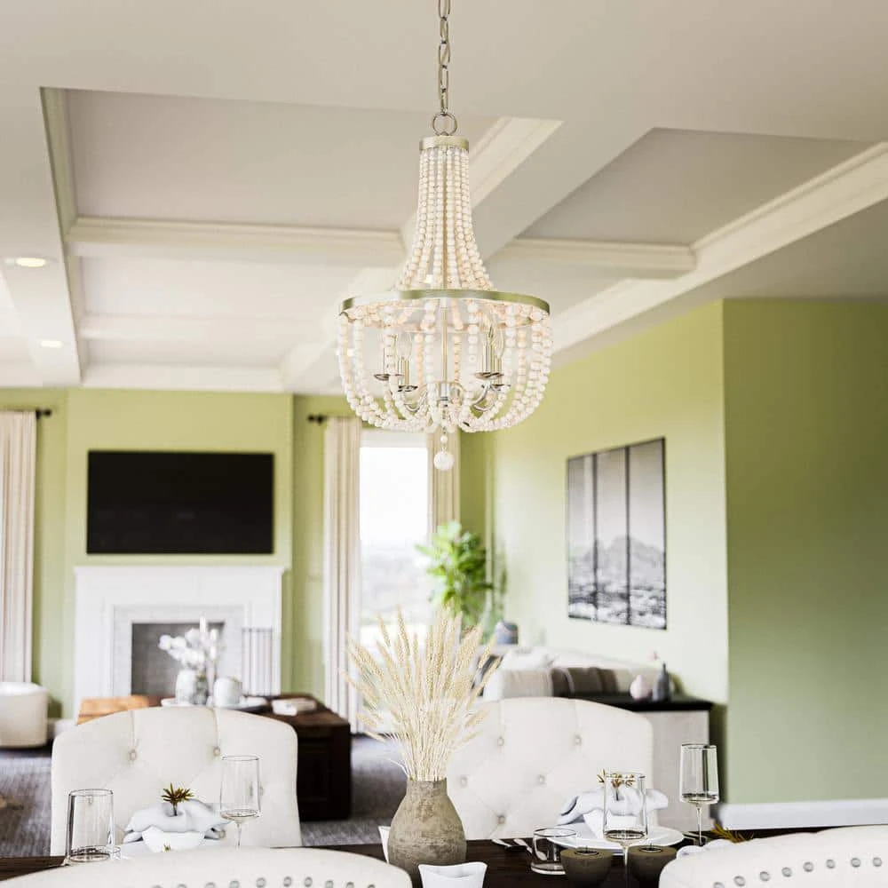 Adelaide 4-Light Weathered White Wood Bead with Brushed Nickel Chandelier by Hampton Bay 6 Adelaide 4-Light Weathered White Wood Bead with Brushed Nickel Chandelier by Hampton Bay - Image 6