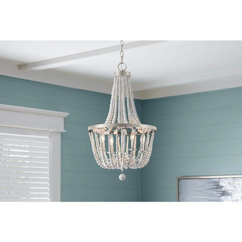 Adelaide 4-Light Weathered White Wood Bead with Brushed Nickel Chandelier by Hampton Bay 2 Adelaide 4-Light Weathered White Wood Bead with Brushed Nickel Chandelier by Hampton Bay - Image 2