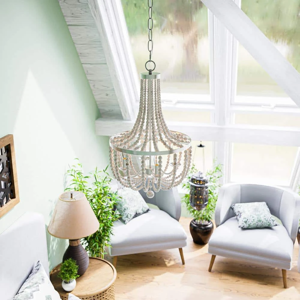 Adelaide 4-Light Weathered White Wood Bead with Brushed Nickel Chandelier by Hampton Bay 10 Adelaide 4-Light Weathered White Wood Bead with Brushed Nickel Chandelier by Hampton Bay - Image 10