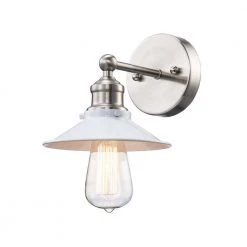 Glenhurst 1-Light White and Brushed Nickel Indoor Industrial Farmhouse Wall Sconce Light Fixture with Metal Shade by Hampton Bay -Hampton Bay Sales white and brushed nickel hampton bay vanity lighting 20511 wh bn 77 1000