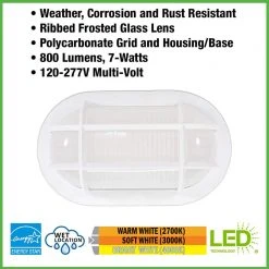 Nautical Oval White LED Outdoor Bulkhead Light Frosted Glass Lens Corrosion Weather Resistant Non-Metallic Base by Hampton Bay -Hampton Bay Sales white hampton bay bulkhead lights 504071010 40 1000