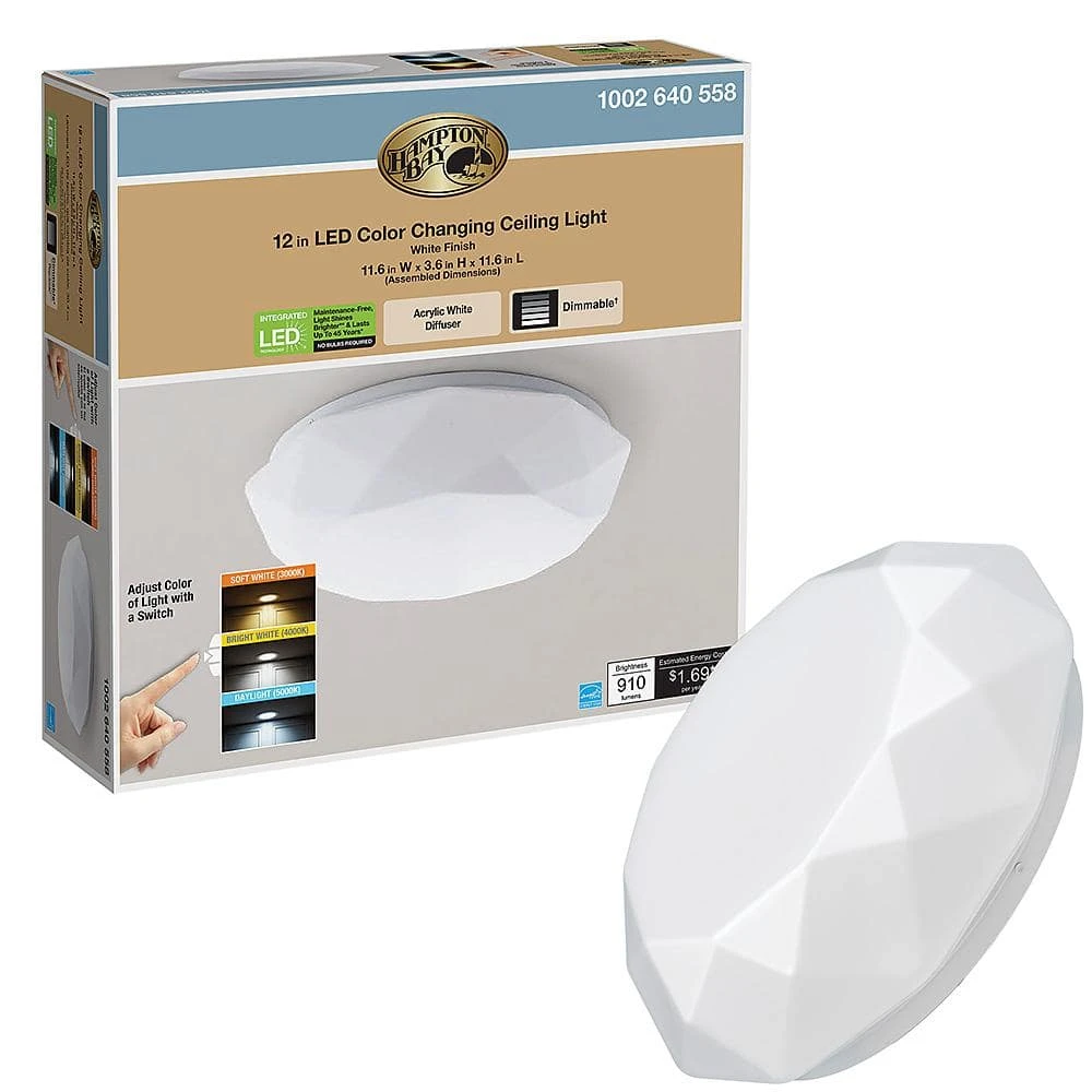 12 in. Diamond Design 3000K 4000K 5000K Selectable LED Flush Mount Ceiling Light 910 Lumens Dimmable Energy Star by Hampton Bay 1 12 in. Diamond Design 3000K 4000K 5000K Selectable LED Flush Mount Ceiling Light 910 Lumens Dimmable Energy Star by Hampton Bay